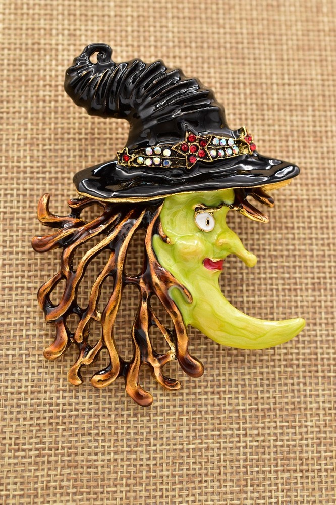Kirks Folly Vintage Witch Moon Brooch Halloween Rhinestone Enamel Pin Signed 9B