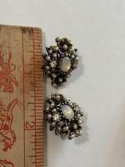 Vintage Opaline Glass Pearl Rhinestone Floral Clip Earrings Gold Tone