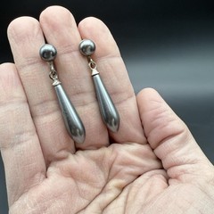 Vintage Gun Metal Gray Bead Bar Pendant Necklace & Dangle Earrings Set Brutalist