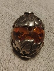 Large Vintage Tibetan Amber Bead w/ Ornate Silver 1.75″ x 1.25″