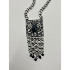Signed EDLEE Vintage Necklace Silver Tone Dragons Ornate Bookchain Beads Dangles