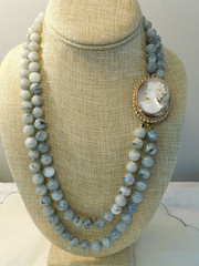 Vintage Carved Abalone Cameo Agate Beaded Necklace Brooch and Earrings Set