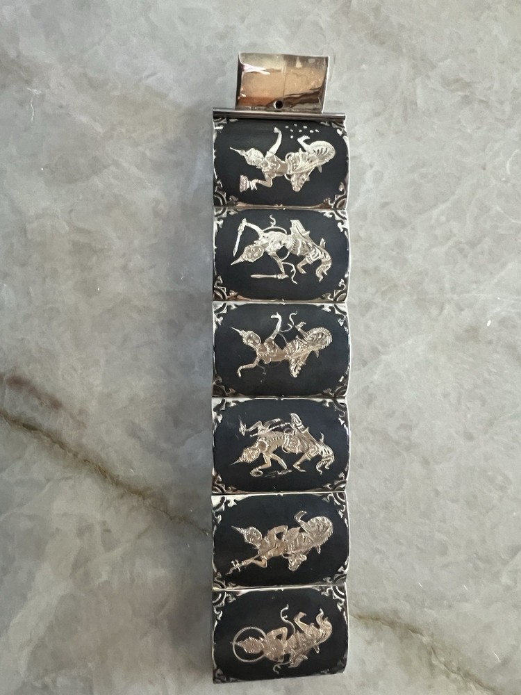 Vintage Siam Sterling Silver Niello Dancer Link Panel Bracelet 25.84 GRAMS