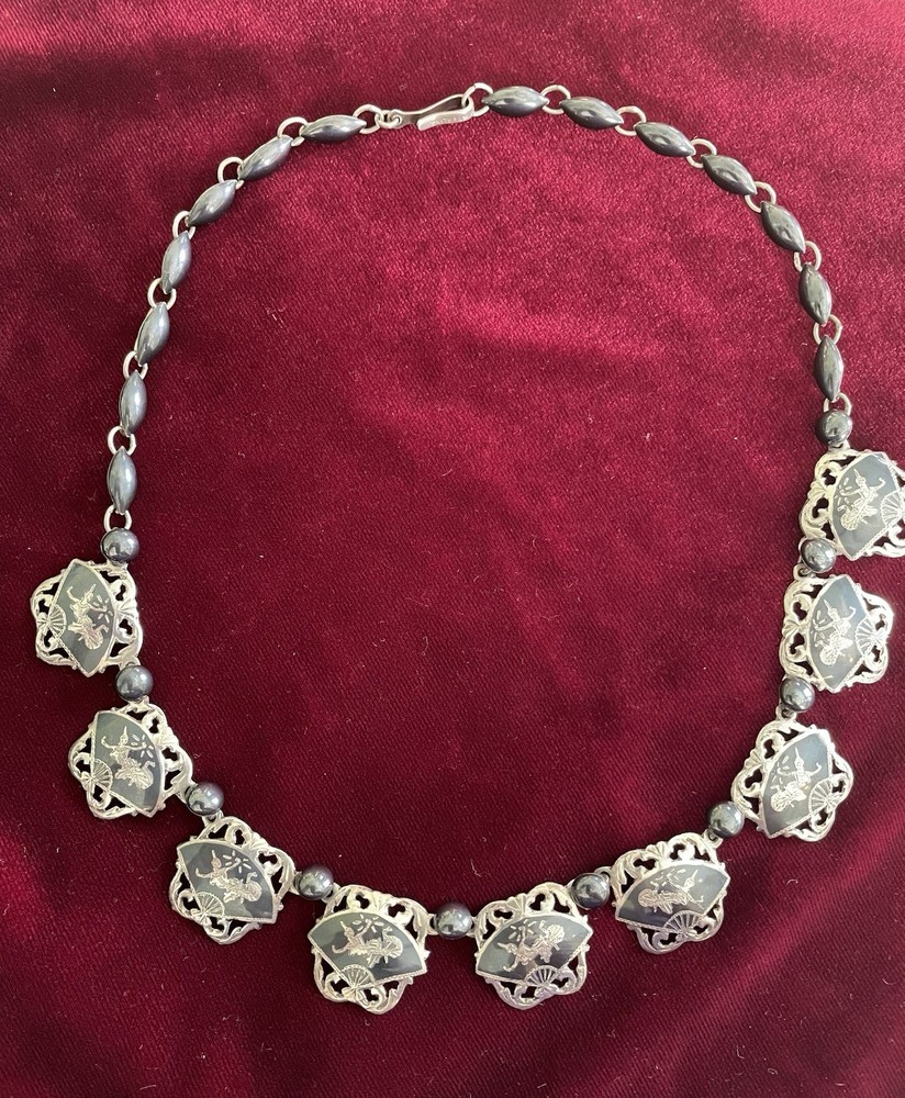 Vintage Siam Niello & Silver Goddess Of Lightening Bib Necklace -Signed