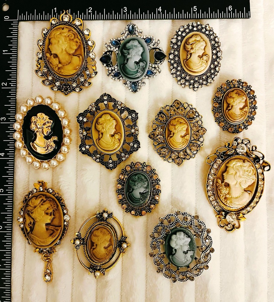 Lot of 12 Cameo Brooch Pins Rhinestone Pearl Lady Portrait Vintage Styl