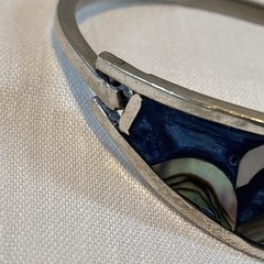 Vintage Alpaca Mexico Hinged Bracelet Celestial & Mountains Abalone, MOP 7”