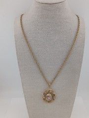 1970s Whiting & Davis gold tone Victorian inspired pink rose pendant necklace