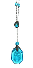 Art Deco Czech Pendant Necklace Floral Intaglio Carved Etched Blue Camphor Glass
