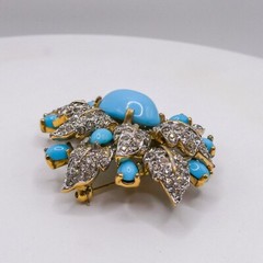 Jomaz Mazer Blue & White Rhinestone Gold Flower 2″ Brooch Pin Signed HTF