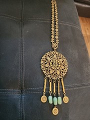 Vintage Signed Goldette Gold Tone Asian Dangles Statment Faux Jade Necklace