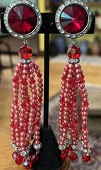 Vintage Super Long Dangle Drop Red Crystal Rivoli Pink Pearl Clip On Earrings