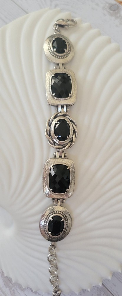 Brighton Silver Plated Black Glass Panel Link Bracelet, Adjustable Statement Cuf
