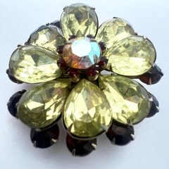 AB Rhinestone Brooch Pin Yellow & Brown Prong Set Gold Tone Floral Statement 2.5