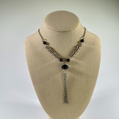 Vintage Tassel Necklace Silver-Tone Black Bead Elegant Art Deco Style Jewelry