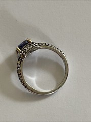 Simulated Square Blue Sapphire Stone Ring Scrolls & Beading on Band Size 8