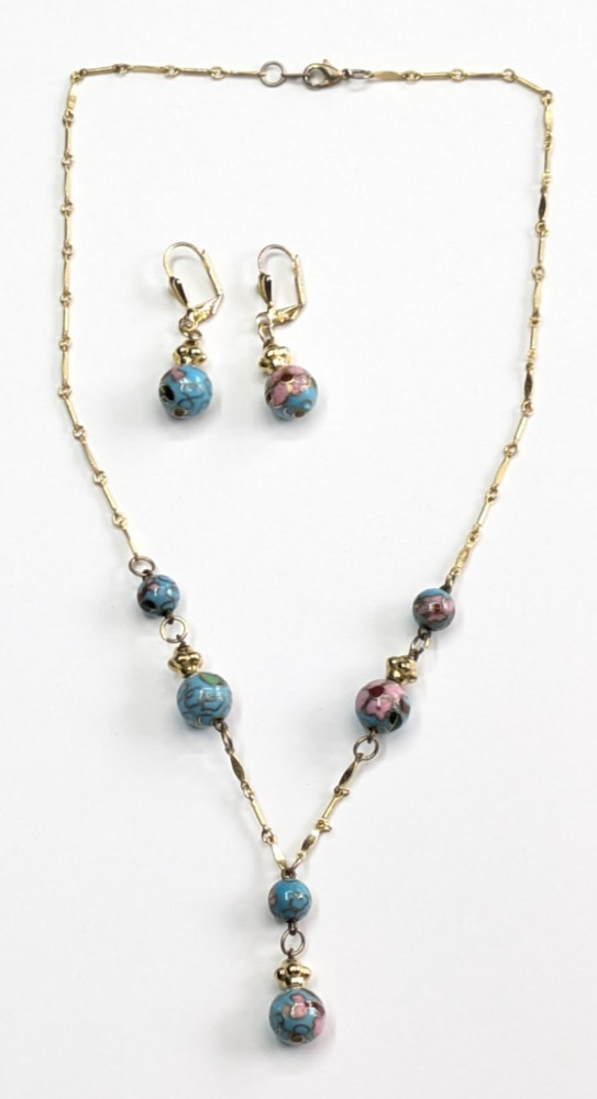 Vintage Gold Tone Blue Cloisonne Beaded Pendant Y-Drop Necklace & Earrings Set