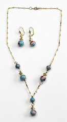 Vintage Gold Tone Blue Cloisonne Beaded Pendant Y-Drop Necklace & Earrings Set