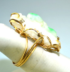 VINTAGE 14K YELLOW GOLD LARGE CARVED JADE & DIAMOND RING GREEN BIRDS SIZE 7.25