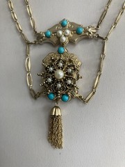 Vintage Victorian Revival Necklace Earrings Faux Pearl turquoise Festoon Tassel