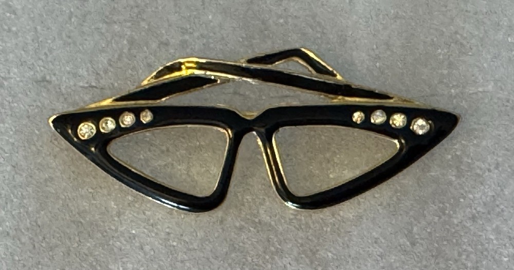 Vtg 3” Brooch Cat Eye Glasses Black Gold Enamel Rhinestone Pin Rockabilly Retro