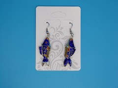 Vintage Cloisonné Blue Enamel Koi Fish Dangle Articulated Earrings French Wire