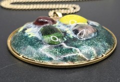 Vtg MCM Enamel Copper Pendant Necklace Large 2.25″ Glass Cabochon Retro Atomic