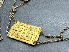 VTG Gold Tone Greek Key Station Etruscan Style Necklace or Belt 42″ Long Chain
