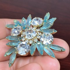 MCM Light Aqua Blue Glass Faceted Prism Rhinestones Pin Brooch 2.5” Goldtone Vtg