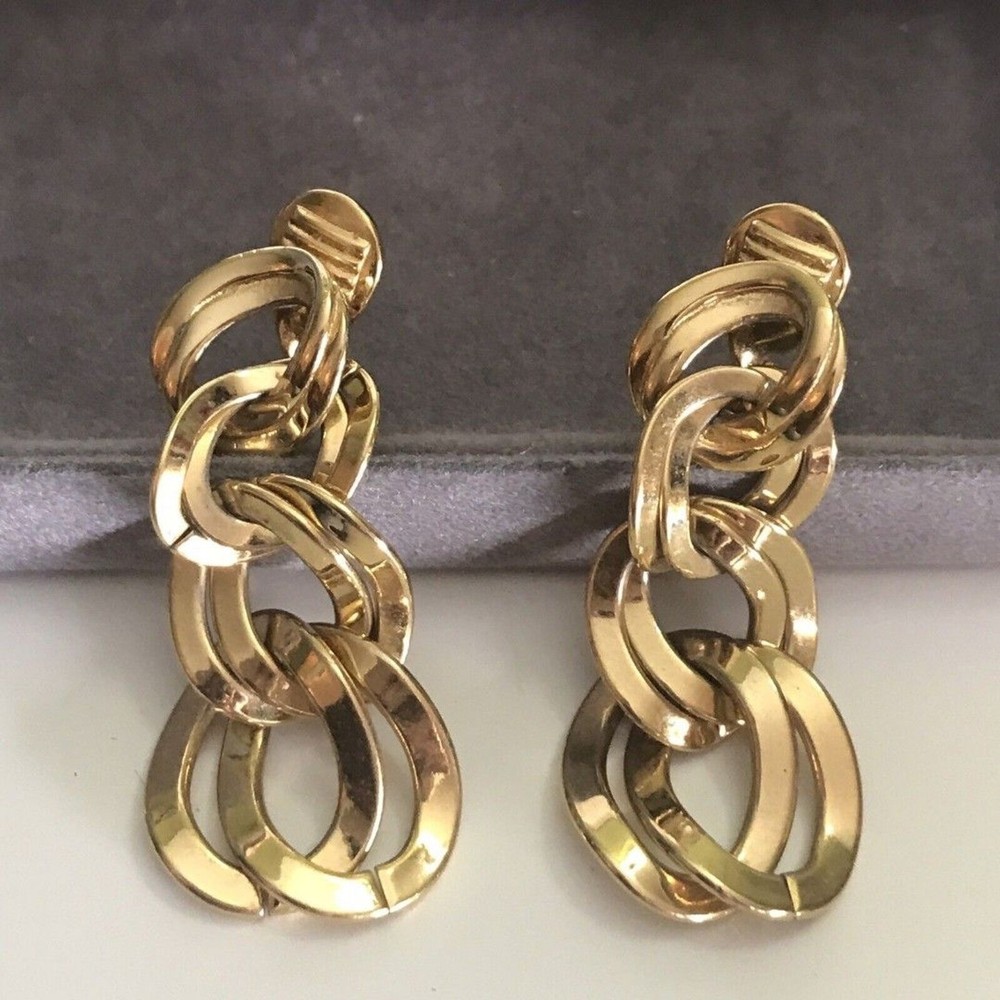Vintage Monet Clip On Earrings Goldtone Dangle Drap link Costume Jewlery