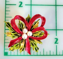 Vintage ART Arthur Pepper Holiday Brooch Spray Greens Fx.Pearls Red Enamel Bow