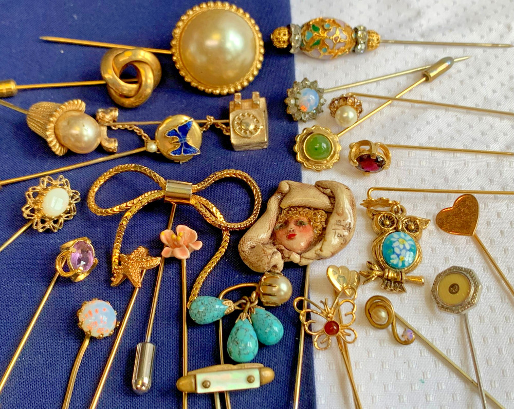 Vtg – Antique Stick Pin Lot Enamel Rhinestone Cloisonne Locket Costume Jewelry