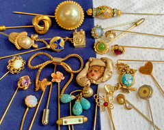 Vtg – Antique Stick Pin Lot Enamel Rhinestone Cloisonne Locket Costume Jewelry