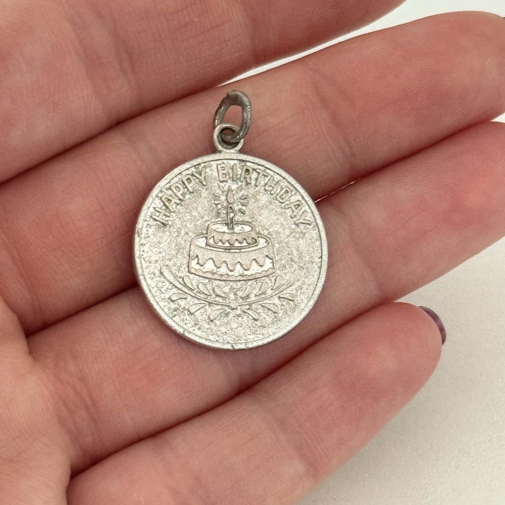 Vintage 925 Sterling Silver Happy Birthday Cake Round Medal Charm Pendant