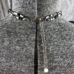 Vintage Black And White Beaded Necklace With Faceted Teardrop Pendant