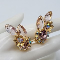 Glamorous AB Crystal Flower Floral Pale Rhinestone Climber Vtg Clip On Earrings