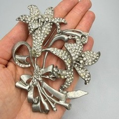 Vintage Pot Metal Floral Rhinestone Brooch 4″ Extra Large Missing Pin Back READ