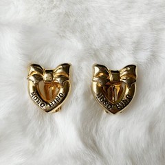 vintage Moschino Logo Heart Bow Clip On earrings Gold Tone Rare Japan exclusive
