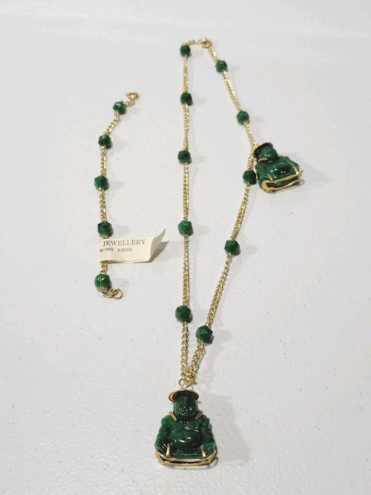 Vintage Imitation Jade Buddha Necklace 24″ Set Bracelet 6″
