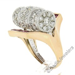 Unique Vintage Retro 14k Gold & Platinum 2.75ctw Diamond & Ruby Insert Ring Set