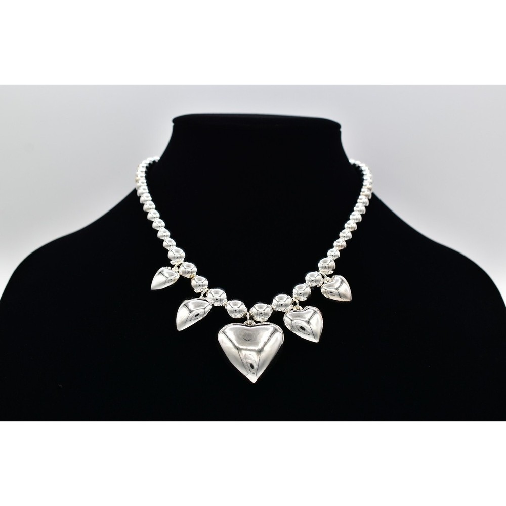 Vintage Heart Charm Necklace Puffy Silver Beaded Chain Chunky Shiny NOS 80s A27