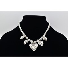 Vintage Heart Charm Necklace Puffy Silver Beaded Chain Chunky Shiny NOS 80s A27