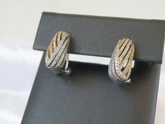 Vintage Sterling Silver 925 Gold Pave CZ Huggie Small Hoop Omega Earrings
