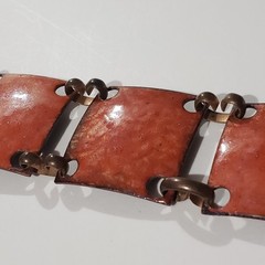 Vintage Copper Link Bracelet with Orange Enamel on Square Panels