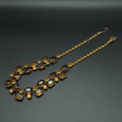 Vintage 1950s Amber Brown Rhinestone Bib Necklace Gold Tone 16 Inch