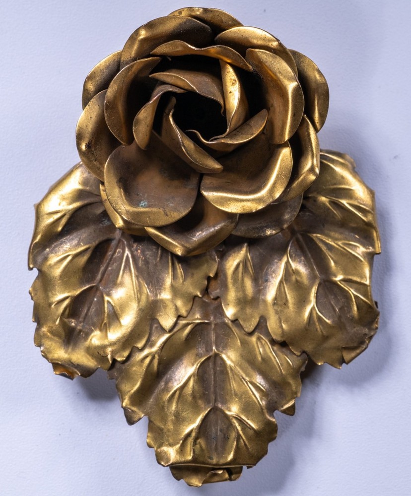 Vintage Brass Rose Flower & Leaves Buckle 2.5″ Floral Gold Tone Dress Clip