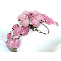 Vintage Signed Miriam Haskell Pink Art Glass 3 Strand Floral Bracelet