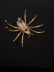 Vintage Czech Spider Brooch Gold Cats Eye Glass Cabochon Purple Rhinestone
