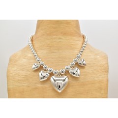 Vintage Heart Charm Necklace Puffy Silver Beaded Chain Chunky Shiny NOS 80s A27