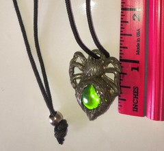 Vintage Pewter Spider Pendant Necklace corded green stone Gothic