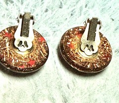 Vintage Round Lucite Orange Confetti Button Silver Toned Clip On Earrings
